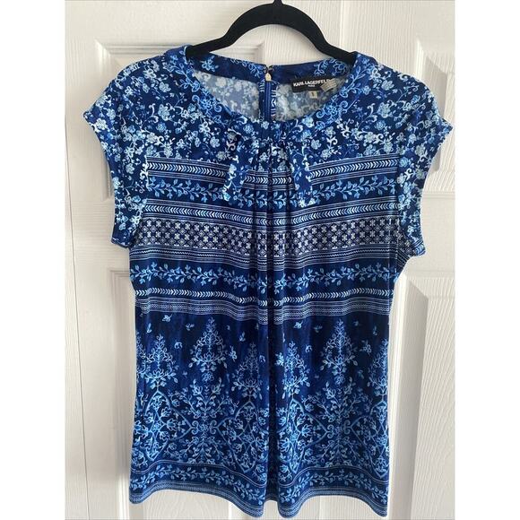 Karl‎ Lagerfeld Women's Medium Blue Floral Top Career Workwear Corpcore - Picture 1 of 7